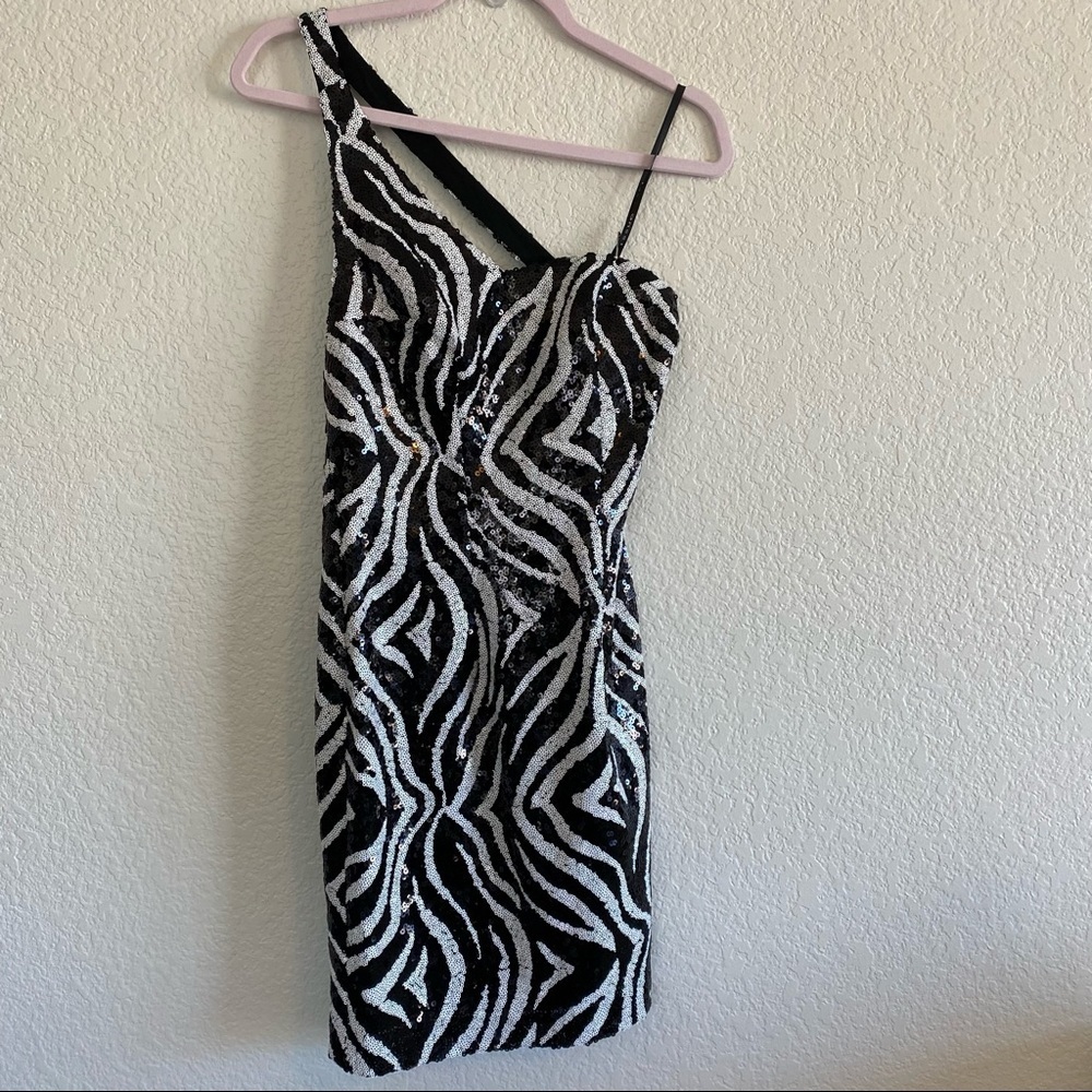 Black & White Sequin One-Shoulder Mini Dress